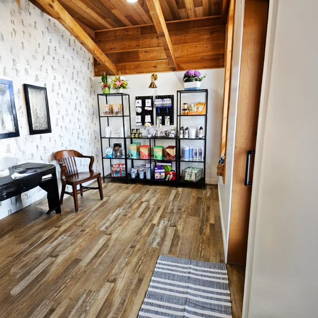 Shelves stocked with dog grooming products, treats, and accessories inside The Pampered Pooch boutique with wood floors, rustic ceiling, and floral accents.